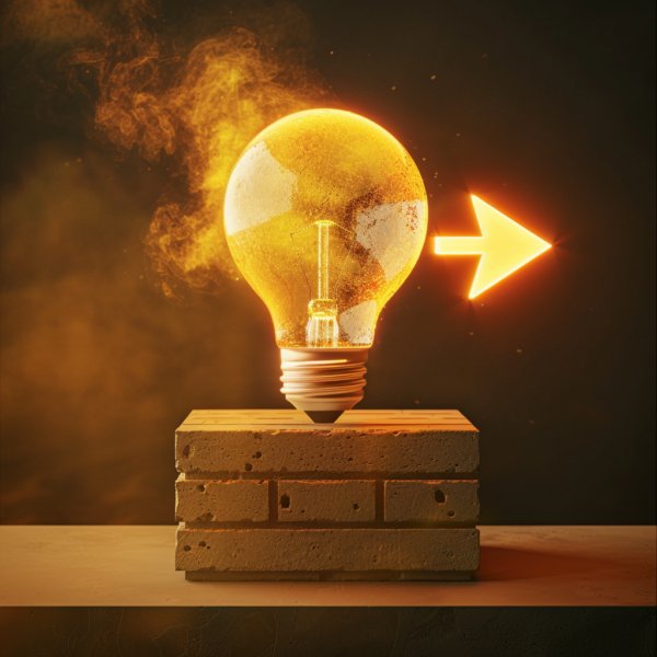 An image of a lightbulb with and arrow pointing to a brick use a gradient background from black at the edges to more of a yellow hue around the light bulb and the brick. Realistic with the look of the objects having been photographed in a lightbox.