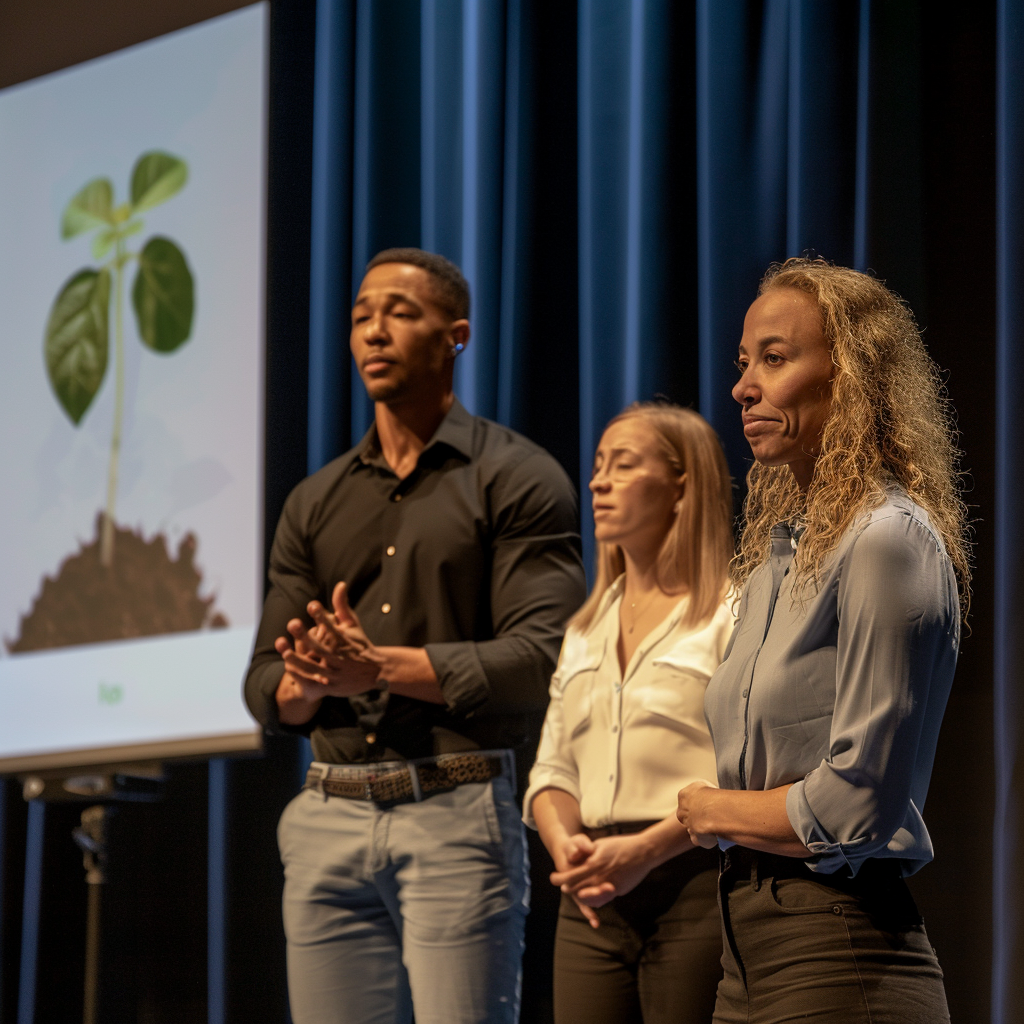 Three people of different cultural origins are on a stage. There is a blue curtain behind them with a presentation screen to their side showing a young plant growing in dirt.