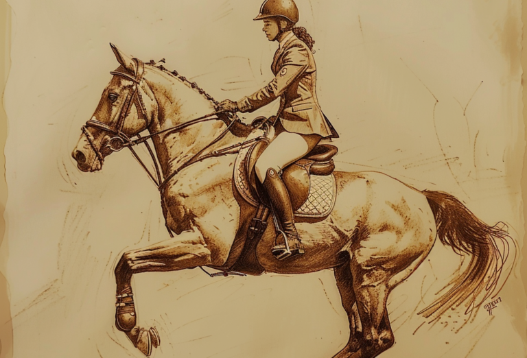 Pencil drawing of a hunter/jumper equestrian on her horse.