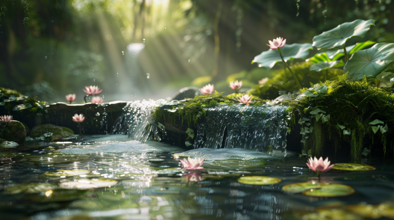 Picture a bubbling stream flowing down a small water fall towards you into a pond edged with moss, rocks, and flowers. Show some Lotus flower growing up into the air from the pond. There is light shining through the trees.