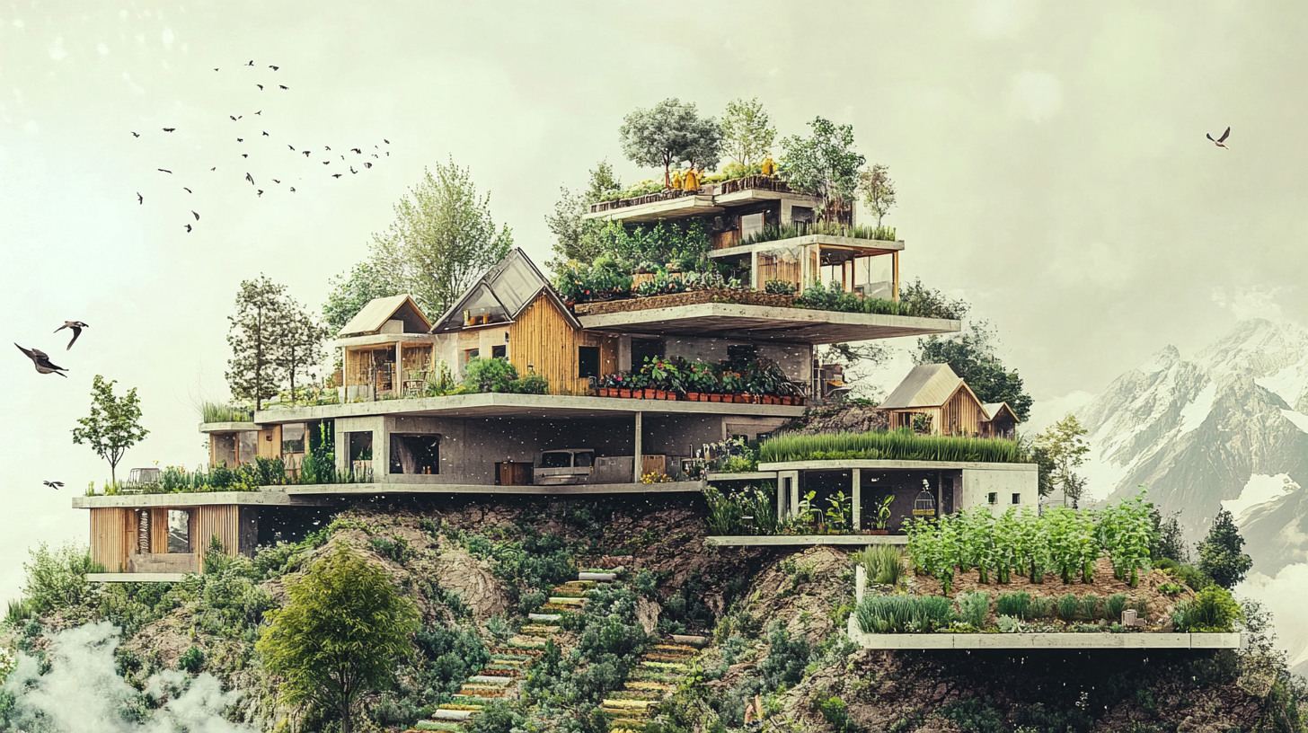 An image of a multilayer house with plant life on ledges at every level.
